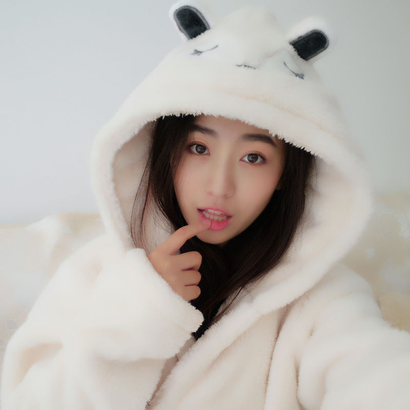 Cute Oversized Hat Coral Fleece Bathrobe Loose Plush Fleece Night Gown With Hood