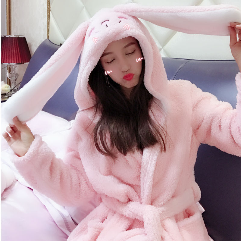 Cute Oversized Hat Coral Fleece Bathrobe Loose Plush Fleece Night Gown With Hood