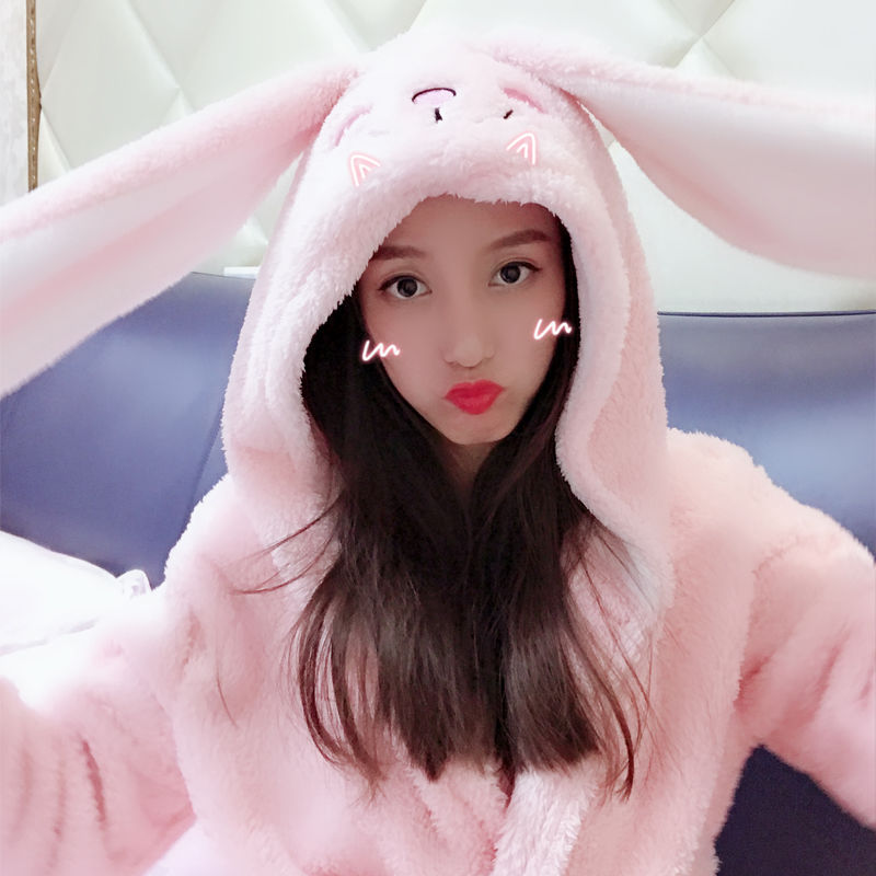 Cute Oversized Hat Coral Fleece Bathrobe Loose Plush Fleece Night Gown With Hood